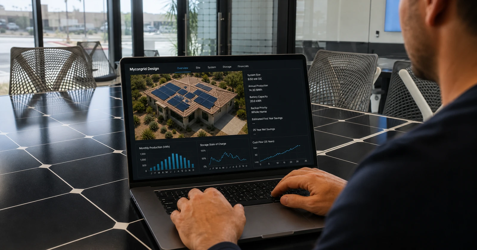 A laptop showing Mycrogrid® Design planning software with a 3D roof model, production charts, and cost assumptions