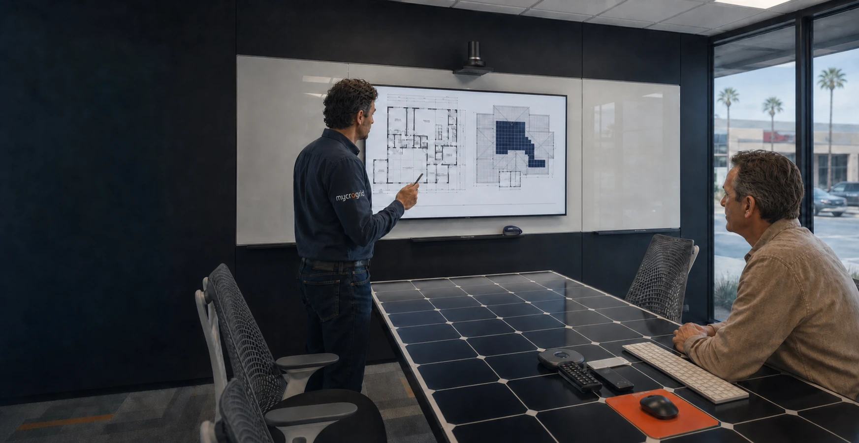 A Mycrogrid® design consultant reviewing a floor plan, solar roof layout, and electrical plan with a Palm Desert homeowner