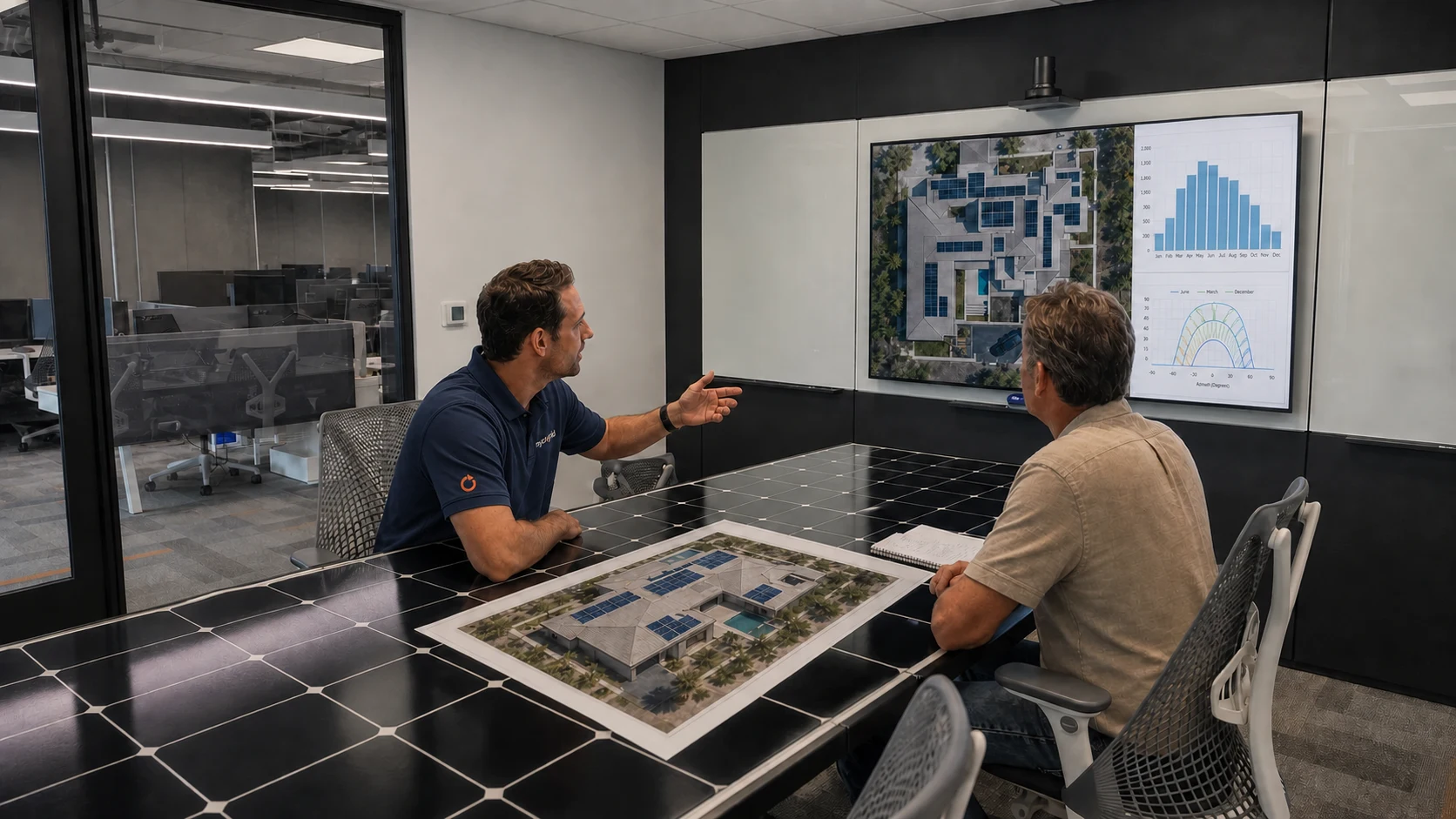 A Mycrogrid® design consultant reviewing a residential solar and battery plan with a homeowner